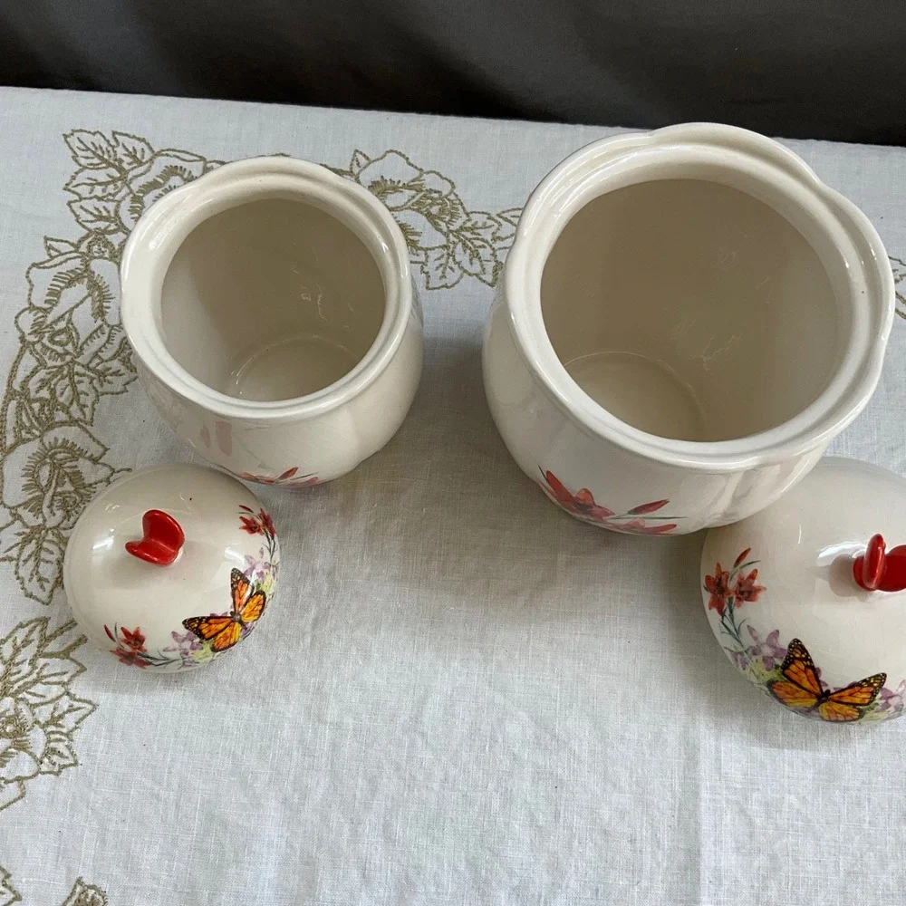Ceramic Butterfly Floral Canister Set 2pc Cream Monarch Finial Jars Cottagecore